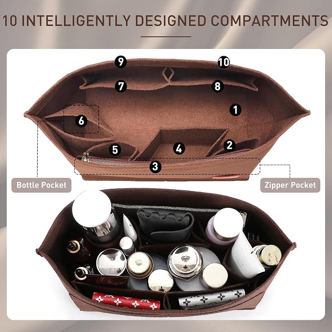 Purse Organizer Insert for Handbags & Base Shaper 2pc Set, Felt Neverfull PM Organizer Insert, Tote Bag Organizer with Zipper Pocket and Bottle Holder, Fit Neverfull PM and More, Brown-M - Image 4