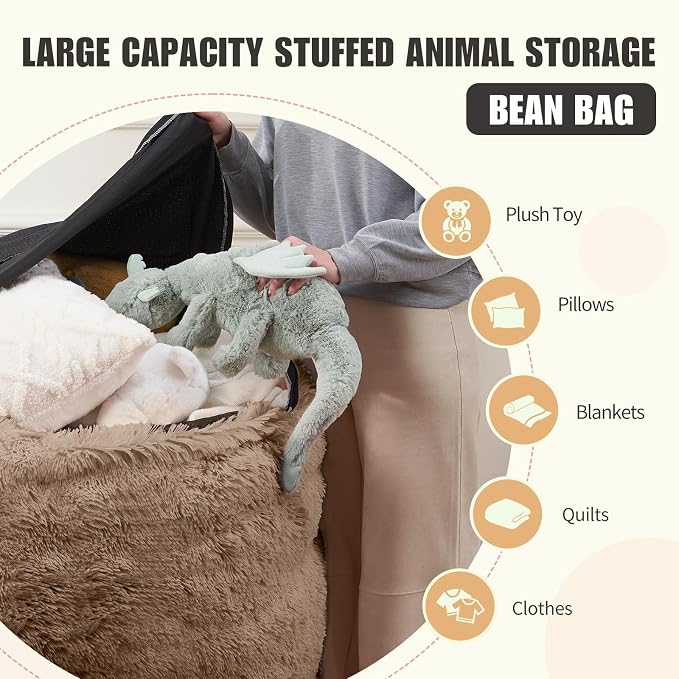Fluffy Bean Bag for Stuffed Animals Storage, Faux Fur Washable Bean Bag Chair Cover(No Filler) for Textile Plush Toys, Beanbag Chair Cover for Adults Kids Teens, 5FT, Khaki - Image 3