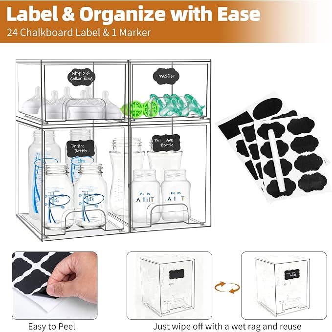 Baby Bottle Organizer, Stackable Storage Drawers with Label, Clear Station Organizers Container for Pacifiers, Pump Parts, Desk Organizer Bins for Bathroom, Cabinet, Pantry, Vanity, Countertop, 4 Pack - Image 4