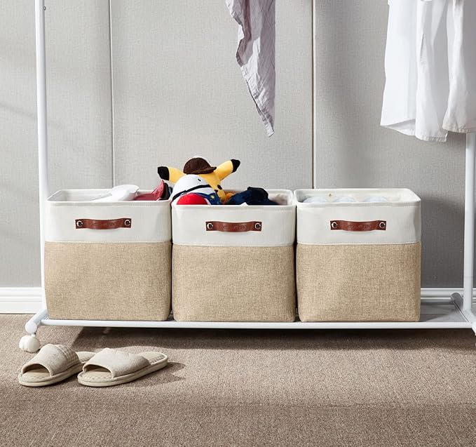 DECOMOMO Cube Storage Bin 12x12, Fabric Storage Bins | 4 Pack, Storage Baskets for Shelves, Kallax Storage Cubes (Beige & White) - Image 5
