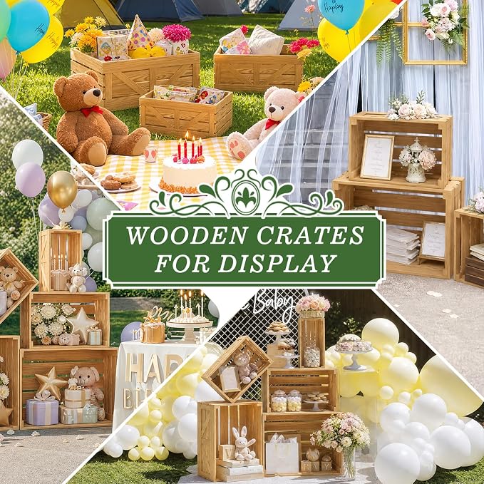 5 Pcs Wooden Crates for Display, Nesting Wood Crate for Storage, 5 Size | Farmhouse Weddings Wooden Basket for Storage Container and Decorations, Rustic Wood Crates for Farmers Market, Birthday, DIY - Image 7