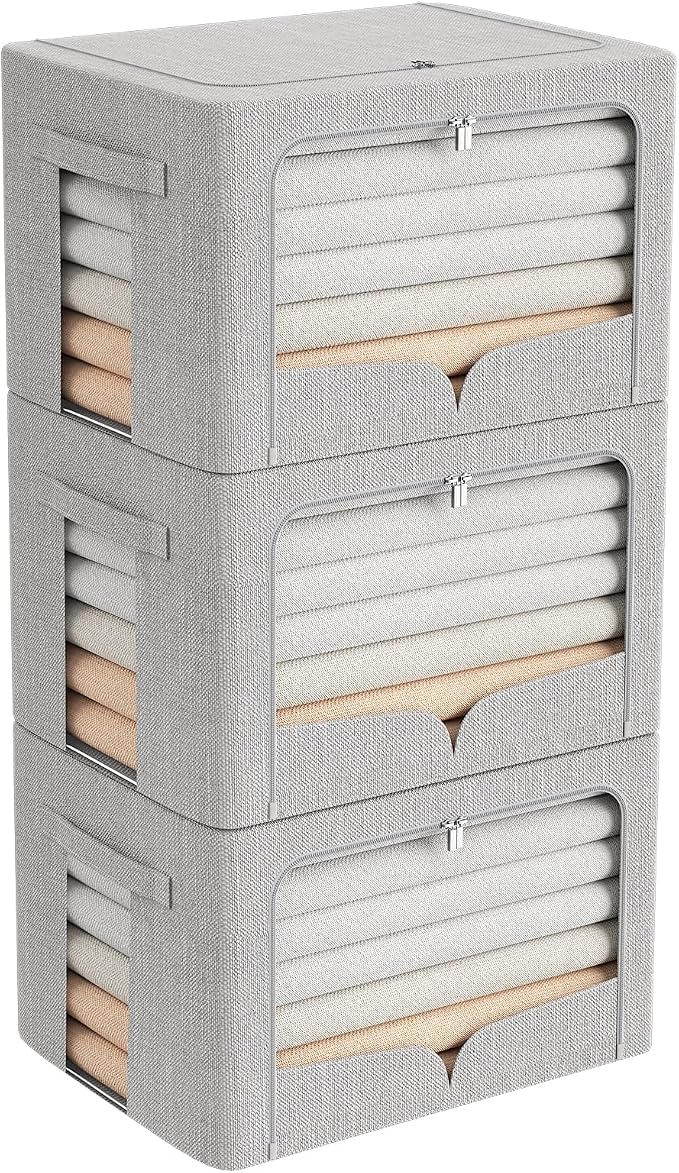 FHSQX 3 Pack Clothes Storage Bins, Light Gray, 16.5x12.2x12.2inch (40L) | Foldable Metal Frame, Stackable, Linen Fabric, Carrying Handles, Clear Window by FHSQX