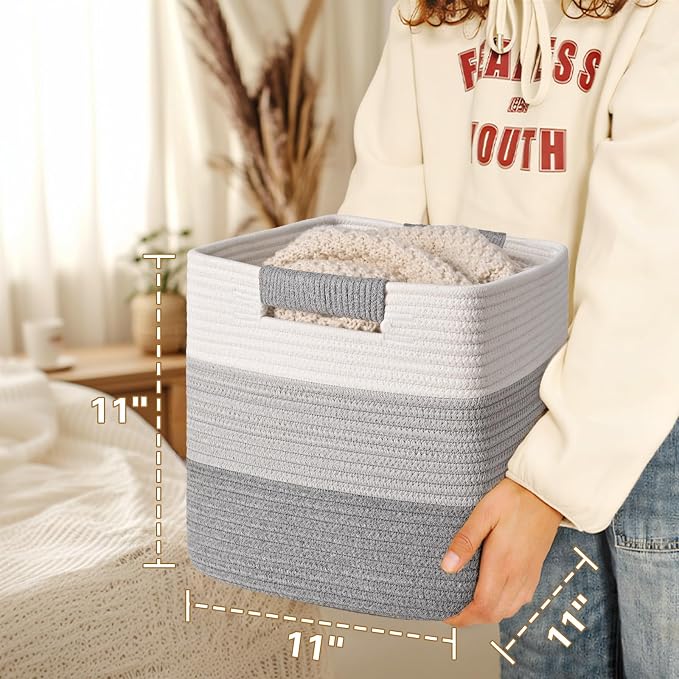 11 Inch Storage Cubes, 3 Pack Cube Storage Bins for Organizing, Cotton Rope Woven Baskets for Shelves, Bathroom, Kids Room, Closets, Baby Nursery - Image 6