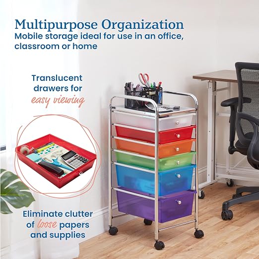 ECR4Kids 6-Drawer Everyday Rolling Utility Storage Cart, Mobile Organizer, Assorted | Durable plastic bins, steel frame, GREENGUARD Gold Certified, 50 lb capacity, rolling casters, craft supplies, office, home - Image 5