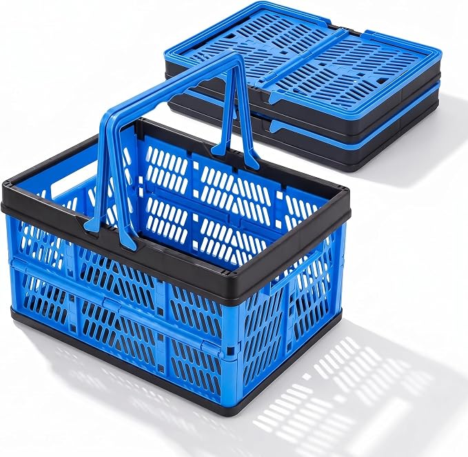 3 Packs 20L Collapsible Plastic Shopping Basket with Handles - Plastic Foldable Storage Crates - Ultra Flat 1.7" Folding Grocery Baskets for Car Trunk, RV & Home Organization (Lightweight Design) - Image 9