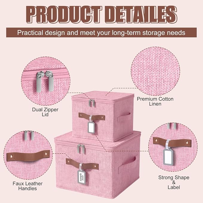 6 Pack Fabric Bins with Lids, 10 x 8 x 7 Inch Fabric Storage Bins with Zipper Lids and Labels, Decorative Foldable Storage Cubes with Handles for Closet Nursery Shelf Organization, Pink - Image 3