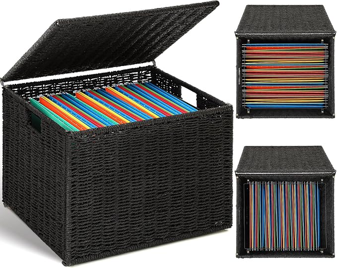 Cinnvoice Extra Large Decorative File Box 18 x 16 x 13 in Wicker Seagrass File Basket Organizer for Letter Legal Size Hand Woven Hanging Filing Cabinet with Lid for Office Paper Rope, Black by Cinnvoice