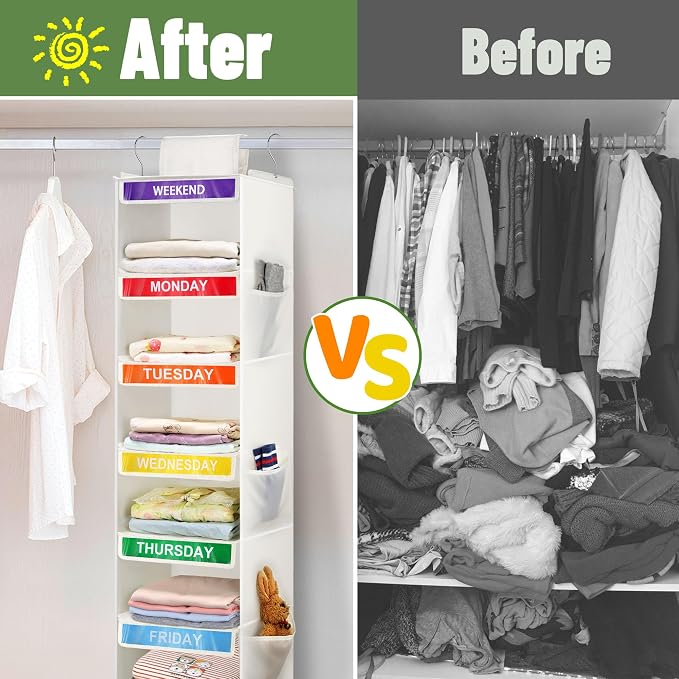 2 Pack 6-Shelf Weekly Clothes Organizer for Kids, Hanging Daily Closet Organization with 6 Side Pockets, Days of The Week Clothing Divider Storage for Boys and Girls (White) - Image 6