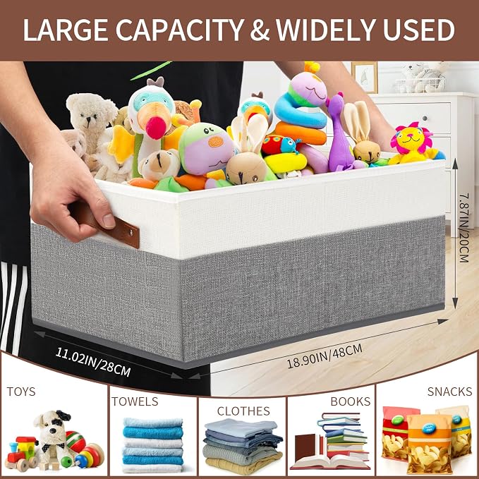 3 Pack Large Capacity Storage Bins Closet Organizer for Shelves | Fabric Closet Storage Baskets Boxes with Leather Handles for Organizing Clothes, Sheets, Jeans, Toys, Books (Grey) - Image 3