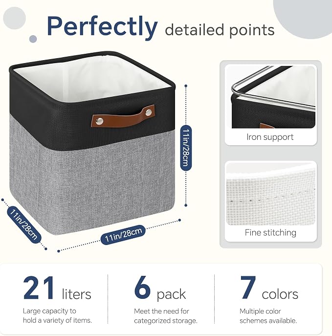 FinishingBo 11 inch Cube Storage Bin 6 Pack, Cube Organizer Bins | Fabric Storage Bins With Handles, 11x11 Storage Cubes, Shelf Basket, Black/ Gray - Image 4