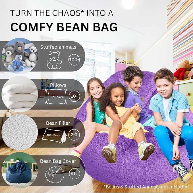 Bean Bag Stuffed Animal Storage Chair Cover (No Filler) for Kids and Adults. Extra Large Bird's Nest Beanbag Memory Foam Soft Premium (Purple (Faux Fur), 3ft (Cover Only)) - Image 2