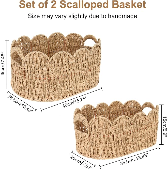 iEGrow Paper Rope Scalloped Basket, Set of 2 Woven Storage Wicker Baskets with Handle for Organizing and Shelves, Cute Boho Oval Baby Baskets for Decor, Towel, Toys, Nursery, Book, Gift Natural - Image 2