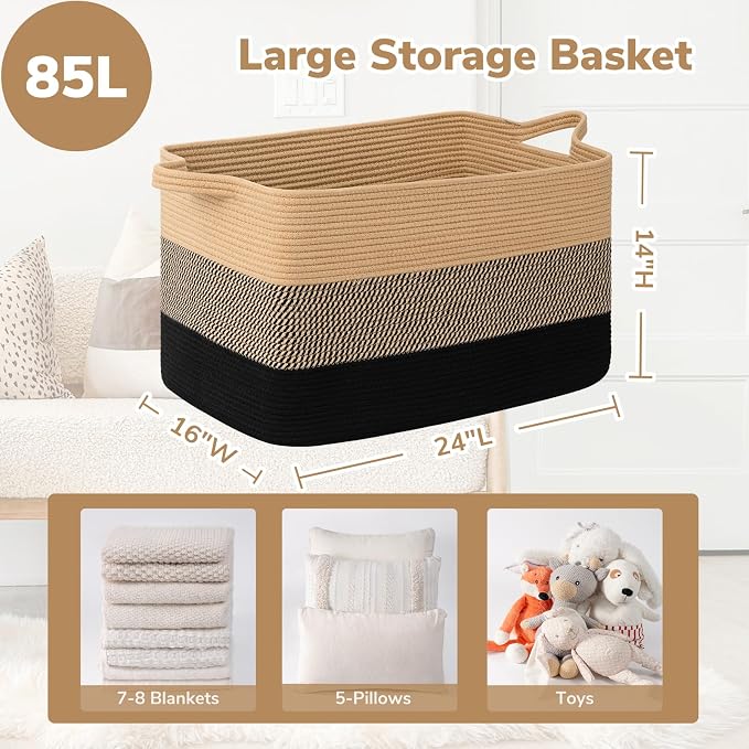 Goodpick 85L Large Woven Blanket Basket, Rectangle, Black Jute | 23.6'' x 15.7'' x 13.8'' Wicker Storage Basket for Blankets, Pillows & Toys, Living Room, Bedroom & Nursery Organization - Image 3