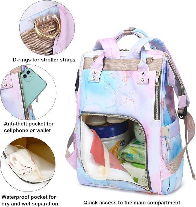 Marble Baby Diaper Bag Backpack for Girls Boys, Waterproof Large Maternity Nappy Bags for Mom - Image 3