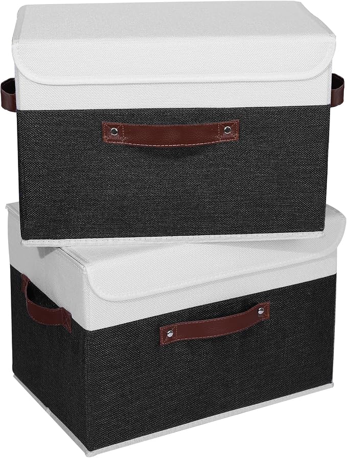 ANMINY Fabric Storage Box Bins with Lids, Black White, 15"x10"x10", 2 Pack | Keepsake Memory Storage, Cotton Linen, PP Board Reinforced, Washable, PU Handles, Foldable & Stackable, Decorative, Large - Image 2