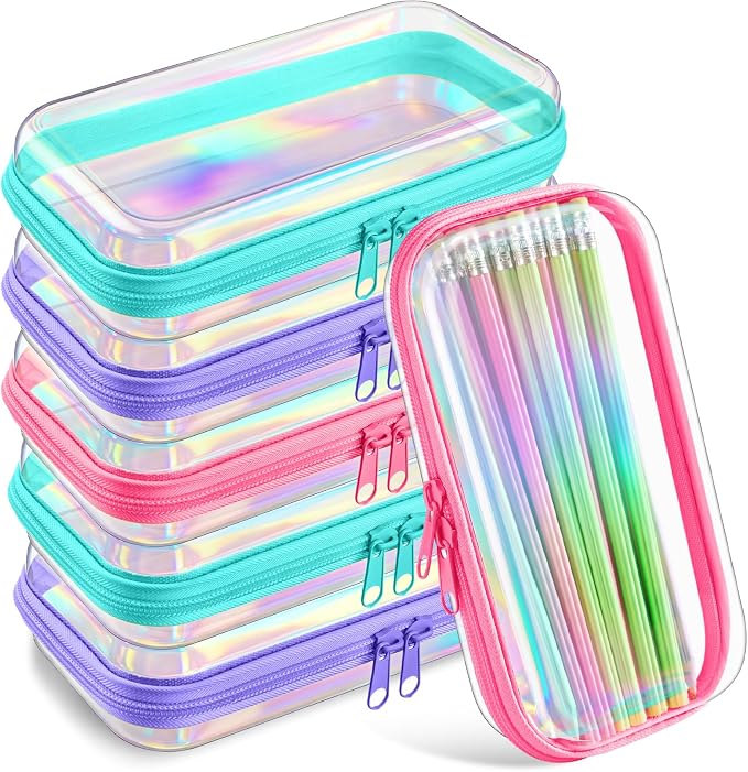 Sanwuta 6 Clear Hard Zipper Case,Holographic,7.48 X 3.94 X 2 Inch | Pencil Case Pouches ,Makeup Bag,Plastic Toiletry Diaper Bag ,Travel Toy Storage,Waterproof Organizer Bins by Sanwuta