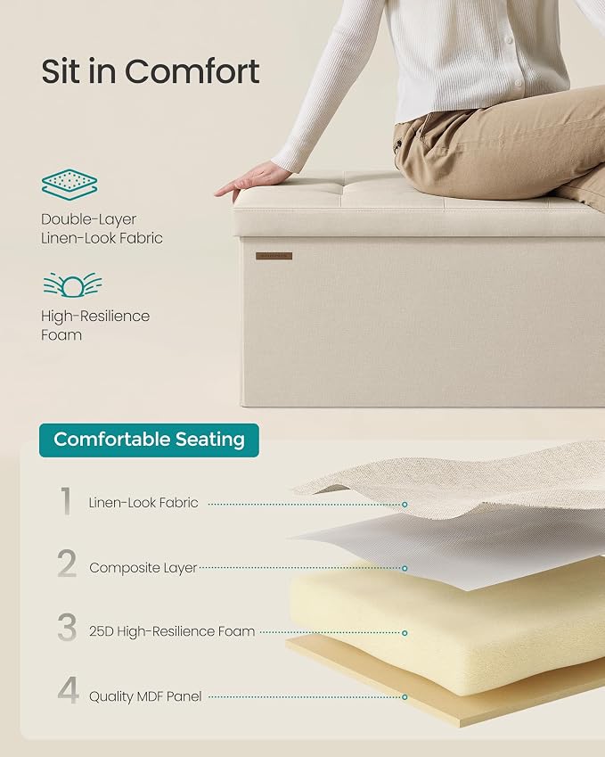 SONGMICS MAZIE Collection - 30 Inches Folding Storage Ottoman Bench, Ottoman Foot Rest, End of Bed Bench, Storage Chest, Load 660 lb, for Living Room, Bedroom, Entryway, Cream White ULSF47BE - Image 7