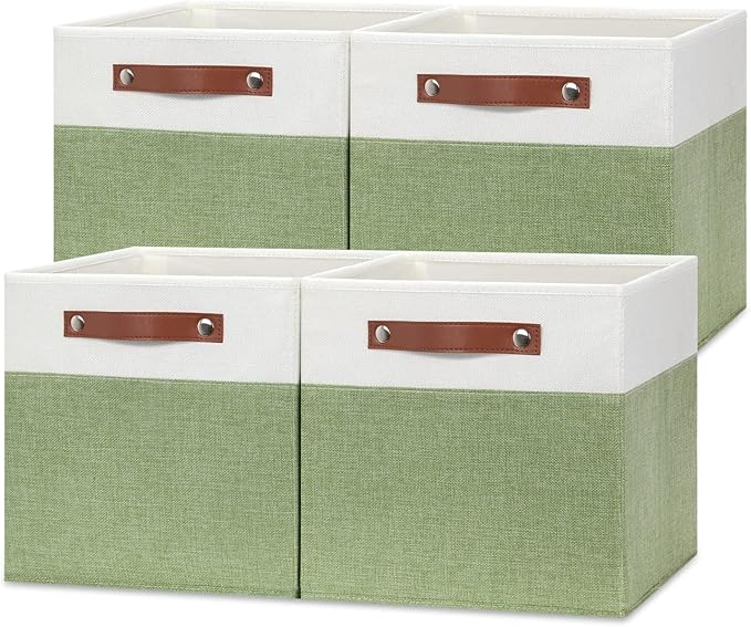 Temary 12 Inch Fabric Storage Cubes Storage Bins with Leather Handles, 4 Pack Cube Baskets Bins for Organizing Closet, Foldable Cloth Baskets for Shelves (White&Green) by TEMARY