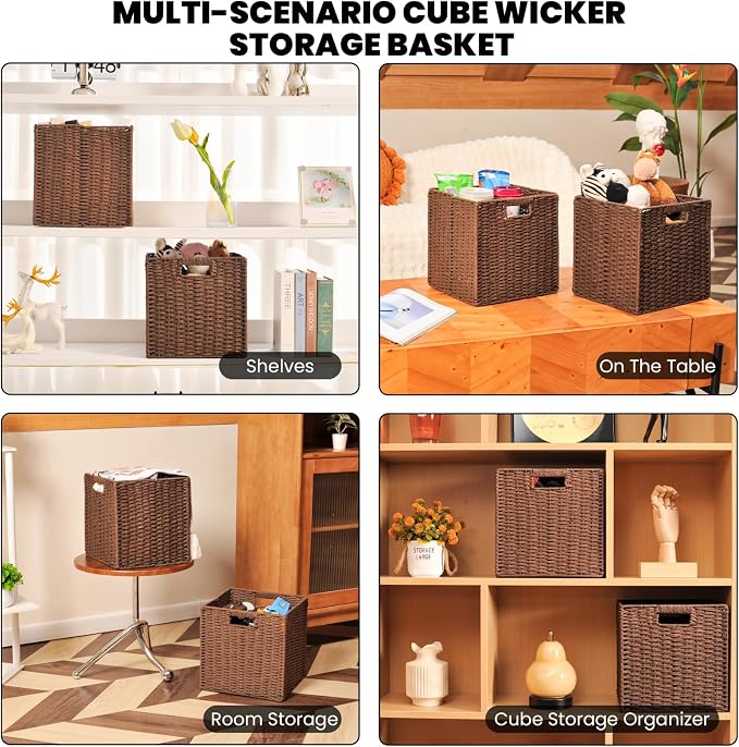 ICERZCZ Wicker Storage Baskets for Organizing Shelves, Paper Rope Woven Basket for Storage, Wicker Storage Cubes Bins, 11"x10.25"x11", 2 Packs, Brown - Image 5