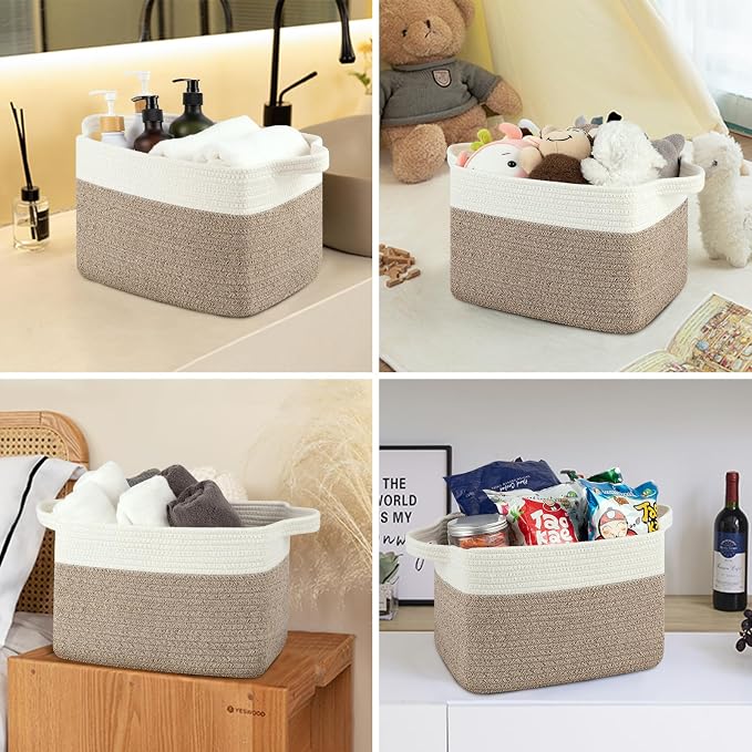 OIASKET Storage Baskets for Organizing, Woven Baskets for Shelves, Rectangle Decorative Organizer for Storage Clothes, Toy, Books, Towels Nursery Bins 3 Pack (Brown & White, 13"x9.85"x8.7") - Image 6