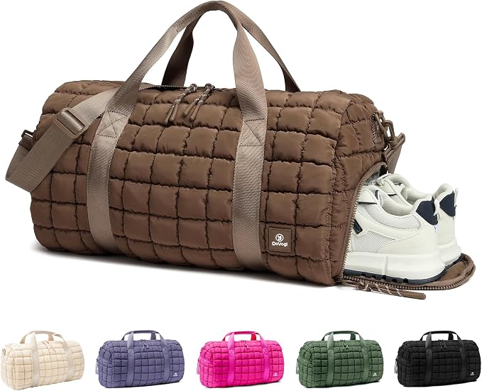Quilted Gym Bag for Women,Duffle Bag for Travel with Wet Pocket,Carry on Weekender Bags for Women,Travel Bag with Shoe Compartment(Brown) by DOYOGI