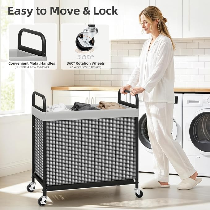 STORAGE MANIAC Rolling Laundry Hamper with Wheels 3-Section Laundry Sorter Rolling Laundrys Basket on Wheels with Removable Bag Clothes Hamper Laundrys Organizer Cart Bathroom Bedroom 120L Grey - Image 5