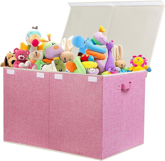 122L Large Toy Box Chest Storage with Lid, Collapsible Kids Toy Storage | Toy Chest with with Removable Divider for Kids, Boys, Girls, Nursery, Living Room, Bedroom, 26"x17" x17" (Linen Pink) by popoly