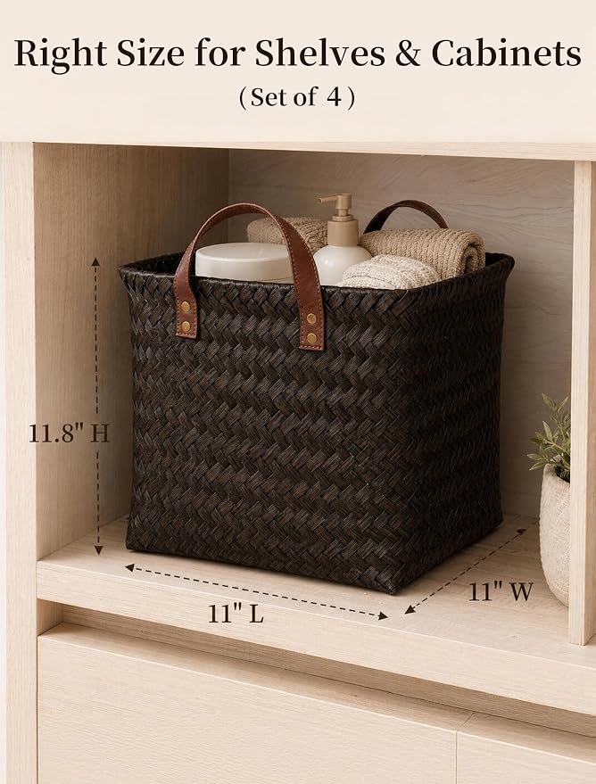 Wicker Storage Baskets, 4 Pack Woven Baskets for Shelves, Dark Gold | PP Rattan, Water-resistant Wicker Basket, Large Baskets with Faux Leather Handles for Blanket, Laundry Organizer, Room Decor - Image 2