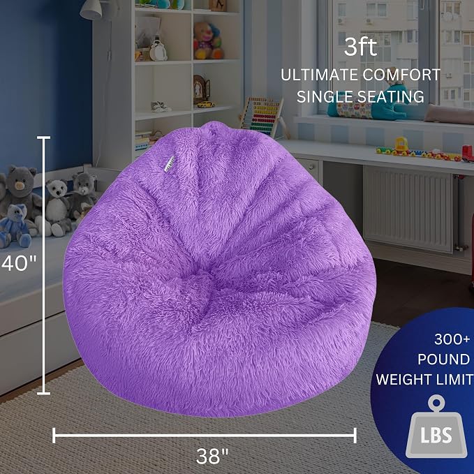 Bean Bag Stuffed Animal Storage Chair Cover (No Filler) for Kids and Adults. Extra Large Bird's Nest Beanbag Memory Foam Soft Premium (Purple (Faux Fur), 3ft (Cover Only)) - Image 3