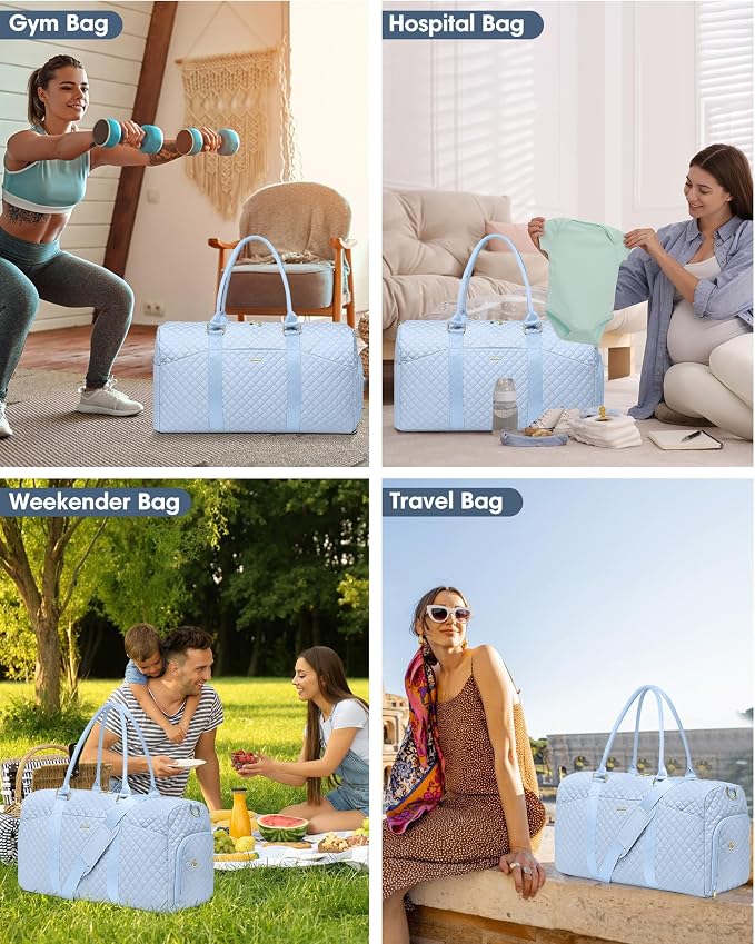 Women Weekender Travel Duffle Bag: Travel Duffel Overnight Bags with Shoe Compartment Large Carry on Tote with Toiletry Bag Weekend Traveling Yoga Gym Hospital Bag for Women with Wet Pocket Light Blue - Image 4