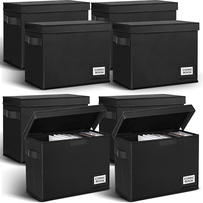 8 Pack Comic Book Storage Boxes, 15.4" x 7.5" x 11.4" Book Box Organizer Collapsible with Handles, Stackable Short Bin to Holds 150-180 Comics for Home School Classroom, Black by Lincia