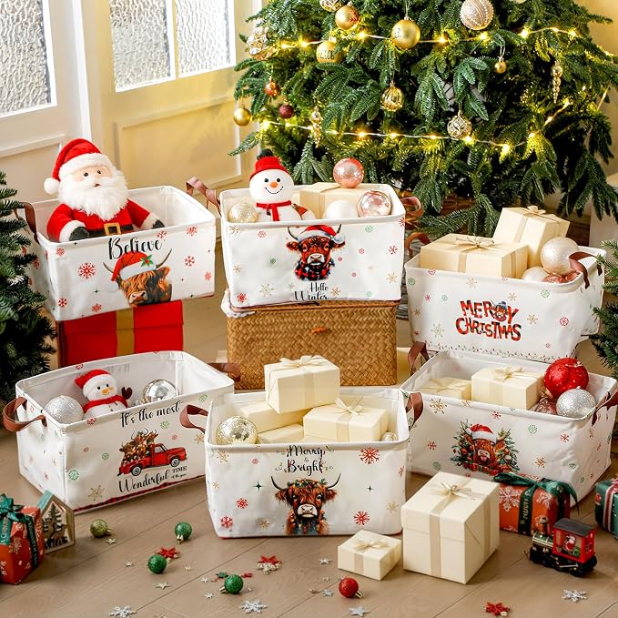CHENGU 6 Pack Christmas Storage Basket Collapsible Christmas Basket for Gifts Highland Cow Holiday Decor Large Red Truck Bin Foldable Xmas Tree Box with Handle for Bedroom Office Home - Image 2
