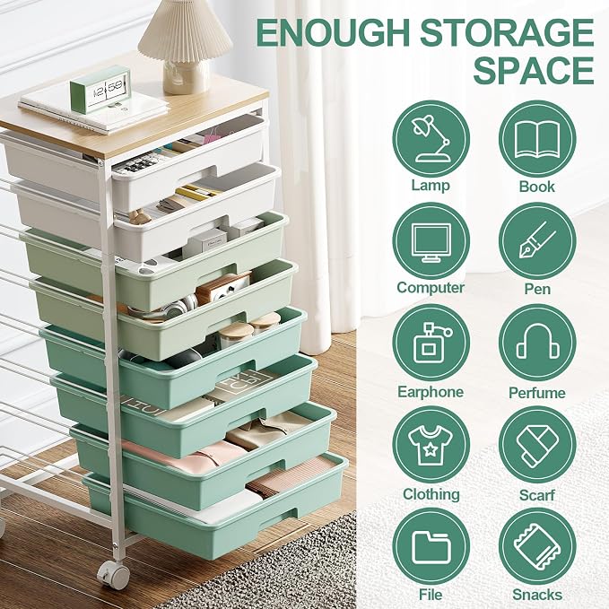 Storage Cart with 8 Drawers, Utility Cart with White Drawers and Wooden Tabletop, Craft Cart, Teacher Organization for Classroom, Storage Furniture, Office Organization, Green | Utility Cart on Wheels with Wooden Tabletop,Teacher Organization for Class... - Image 8