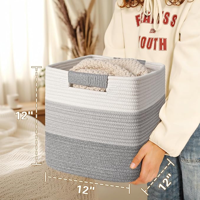 12 Inch Storage Cubes, 3 Pack Cube Storage Bins for Organizing, Cotton Rope Woven Baskets for Shelves, Bathroom, Kids Room, Closets, Baby Nursery - Image 4