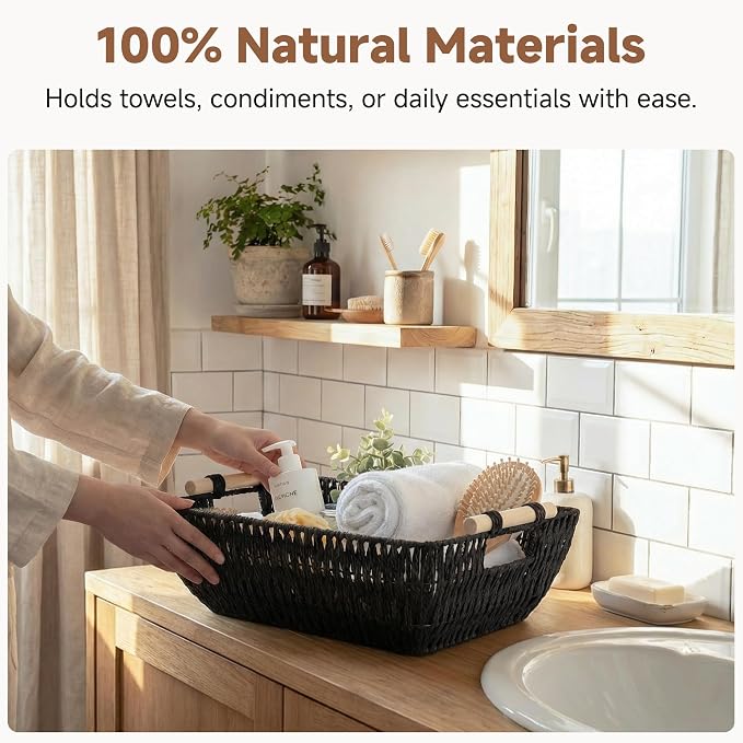 StorageWorks Large Wicker Storage Basket, Paper Rope Storage Baskets, Black | Wicker Storage Baskets for Shelves, Baskets with Wooden Handles, 2-Pack Gifts Basket for Home Decor, Hand-Woven Basket - Image 4