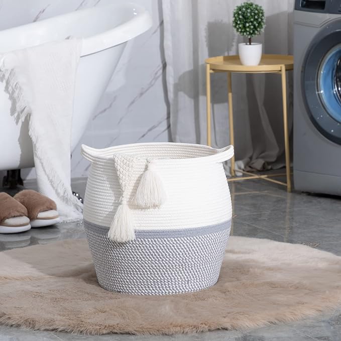 KAKAMAY Woven Baskets for Storage(17"x17"),Large Cotton Rope Woven Baby Laundry Hamper,Collapsible Laundry Basket, Blanket Basket for Organizing Living Room,Nursery,Pillows,Toy Chest(Grey) - Image 6