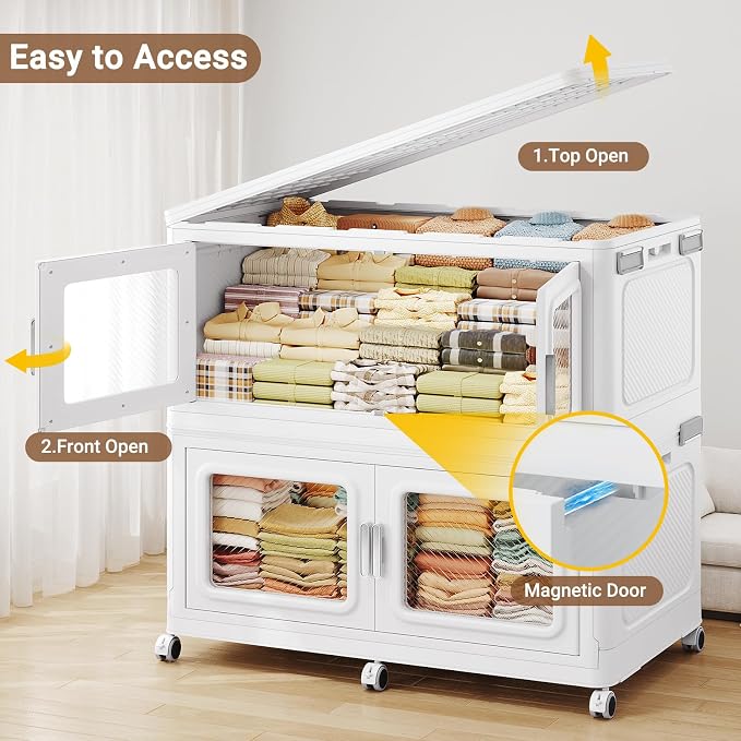 BROVIEW 50 Qt/12.5 Gal Stackable Storage Bins with Lids, 1 Pack, White | Small Stackable Storage Boxes w/ 1 Lid Folding Plastic Cart Organizer for Home Kitchen, Open Front Clear Door with Wheels - Image 6