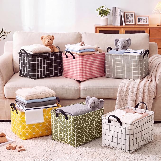 CHENGU 6 Pack Storage Baskets with Handle Back to School Foldable Baskets for Shelves Classroom Plaid & Geometric Storage Bin Large Collapsible Canvas Bin for Closet Nursery Home Organization 6 Colors - Image 4
