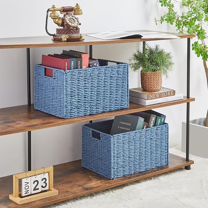 Wicker Storage Basket, Set of 2 Hand-Woven Paper Rope Wicker Basket, Large Storage Baskets for Organizing Toilet Paper, Foldable Cube Storage Organizer Bins for Shelves (Blue) - Image 3