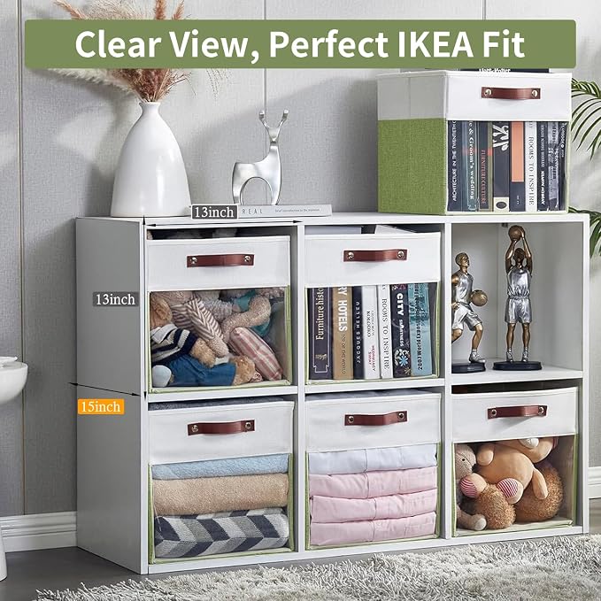 Storage Cubes, 4 Pack Linen Foldable Storage Bins with Clear Window and 2 Handles, 13x15x13 for Shelf Closet, Kallax, Clothes, Books - Green/Off-White - Image 2