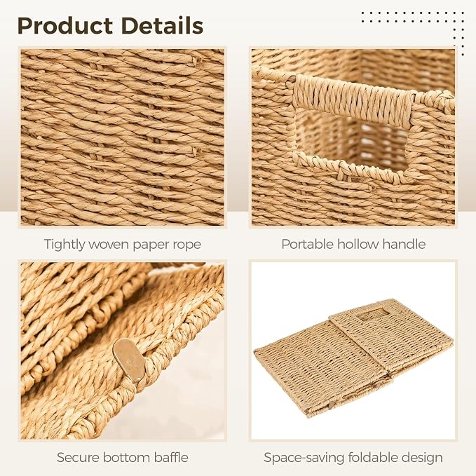 OMISTAR 6 Pcs 8.7 Inch Wicker Storage Cubes Bins - Woven Paper Rope Storage Baskets, Foldable Storage Bins with Handles, Collapsible Square Storage Containers for Shelves, Closets, 8.7×8.7×8.7" - Image 3