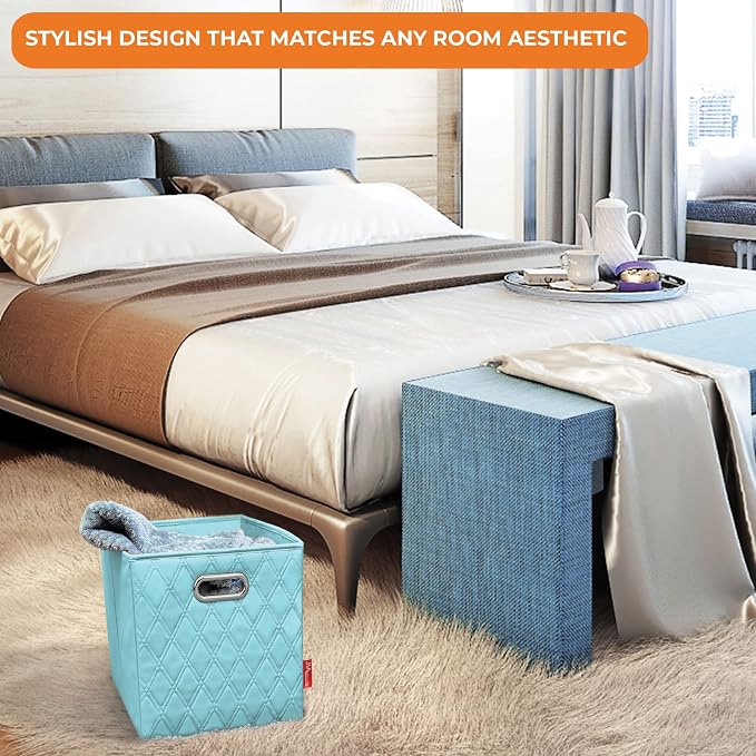 Small 11-inch Blue Foldable Diamond Patterned Faux Leather Storage Cube Bins Set of Four with Handles with Dual Handles for living room, bedroom and office storage - Image 7
