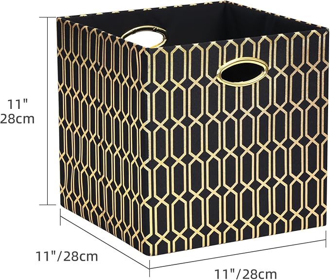 Posprica 11x11x11 Foldable Fabric Storage Cube Organizer Bins Cubby Baskets | Fabric Cubes 11×11 Collapsible Box with Handles Black Gold Geometric Pattern, 4 Pack - Image 2