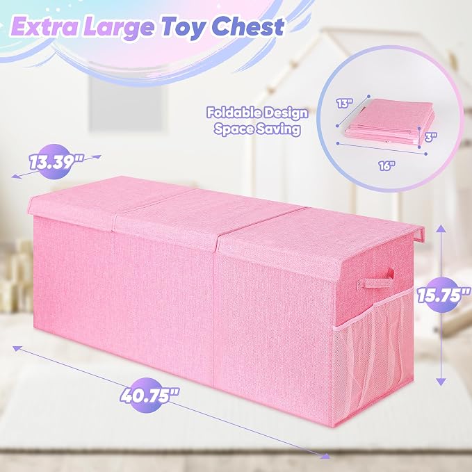 Extra Large Toy Box with Lids, Collapsible Storage Chest, 40"x16"x16" Pink | Sturdy Toy Storage Organizer with Dividers, Toybox for Kids Boys Girls, Bedroom Nursery Playroom Organization - Image 7