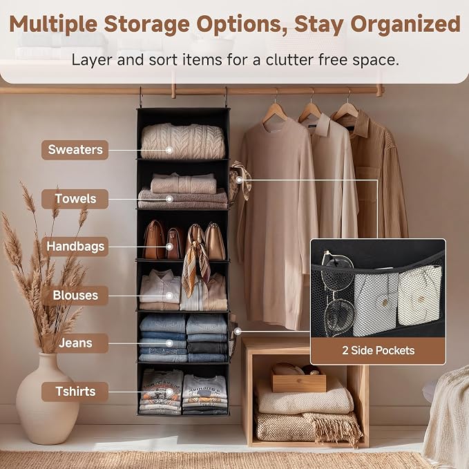 StorageWorks Hanging Closet Organizer 6-Shelf, Jumbo Separable Two 3 Shelf Closet Storage Organizer with Side Pockets, Portable Hanging Shelves for Wardrobe, RVs, 13 "D x 15 "W x 47 ¼"H, Black - Image 8