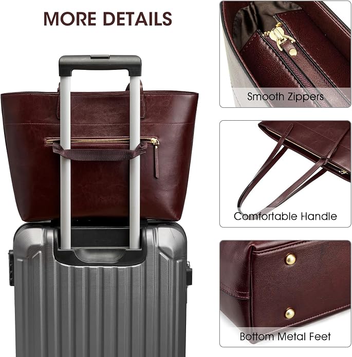 Kattee Vintage Genuine Leather Work Tote for Women | Spacious interior with a zip compartment for organized work, travel, and everyday essentials. - Image 7
