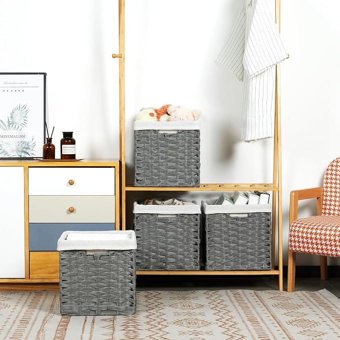 Bidtakay Wicker Storage Baskets for Organizing 4-Pack Hand-Woven Imitation Dark Grey Wicker Cube Storage Bins with Liners for Shelves Closet Cabinet 11x11 Waterproof Cube Organizer for Pantry - Image 6