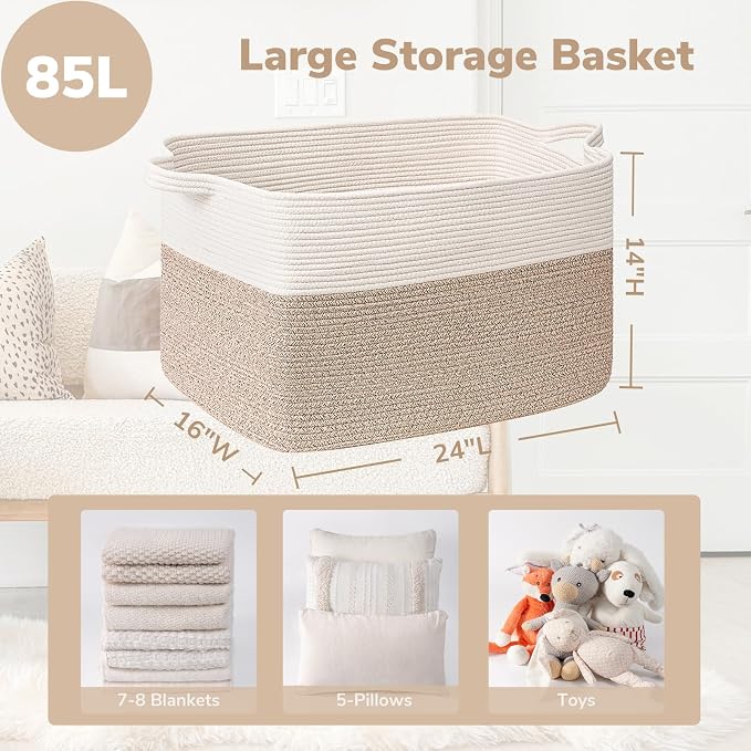 Goodpick 85L Large Woven Rope Blanket Basket, White & Light Brown | 23.6'' x 15.7'' x 13.8'' Storage Basket for Blankets, Toys & Clothes, Nursery & Bedroom Organization, Reinforced Handles - Image 3