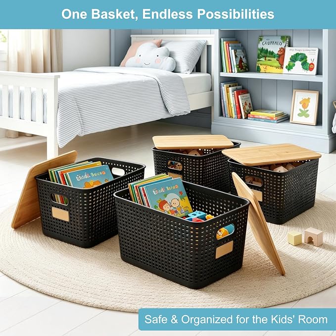 2 Pack Tall Plastic Storage Bins with Bamboo Lids, 10.8qt Stackable Storages Baskets for Organizing Desktop Closet Playroom Classroom Office, 12"L x 8.3"W x 6.1"H, Black - Image 4