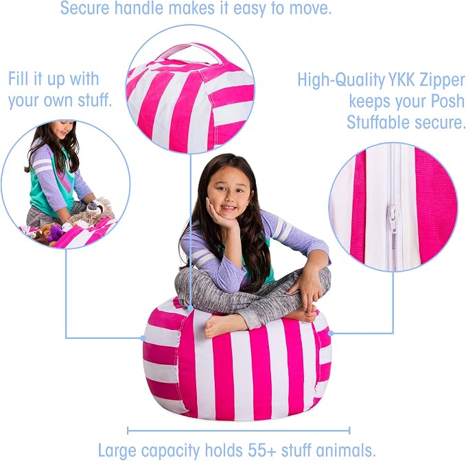 Posh Stuffable Kids Stuffed Animal Storage Bean Bag Chair Cover - Childrens Toy Organizer, Medium 27" - Canvas Stripes Pink and White - Image 2